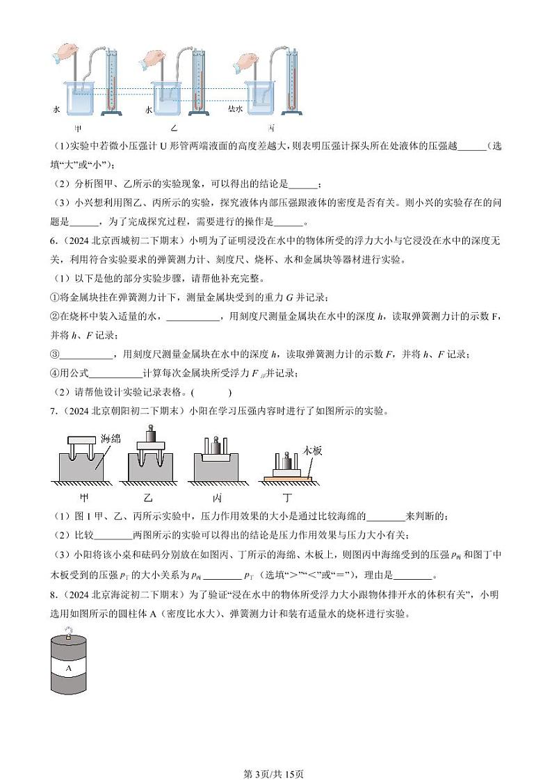 2024北京初二（下）期末真题物理汇编：压强与浮力章节综合（北师大版）（实验题）第3页