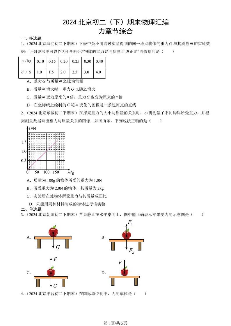 2024北京初二（下）期末真题物理汇编：力章节综合第1页