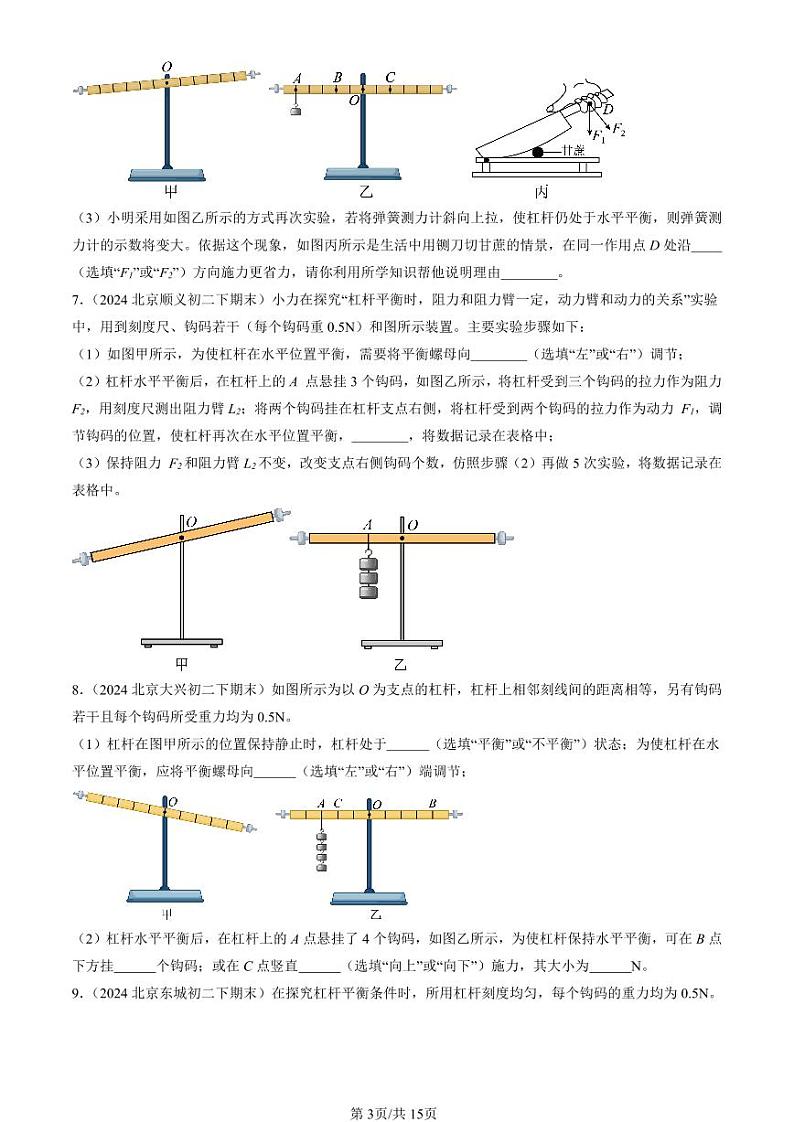 2024北京初二（下）期末真题物理汇编：杠杆（北师大版）（非选择题）第3页