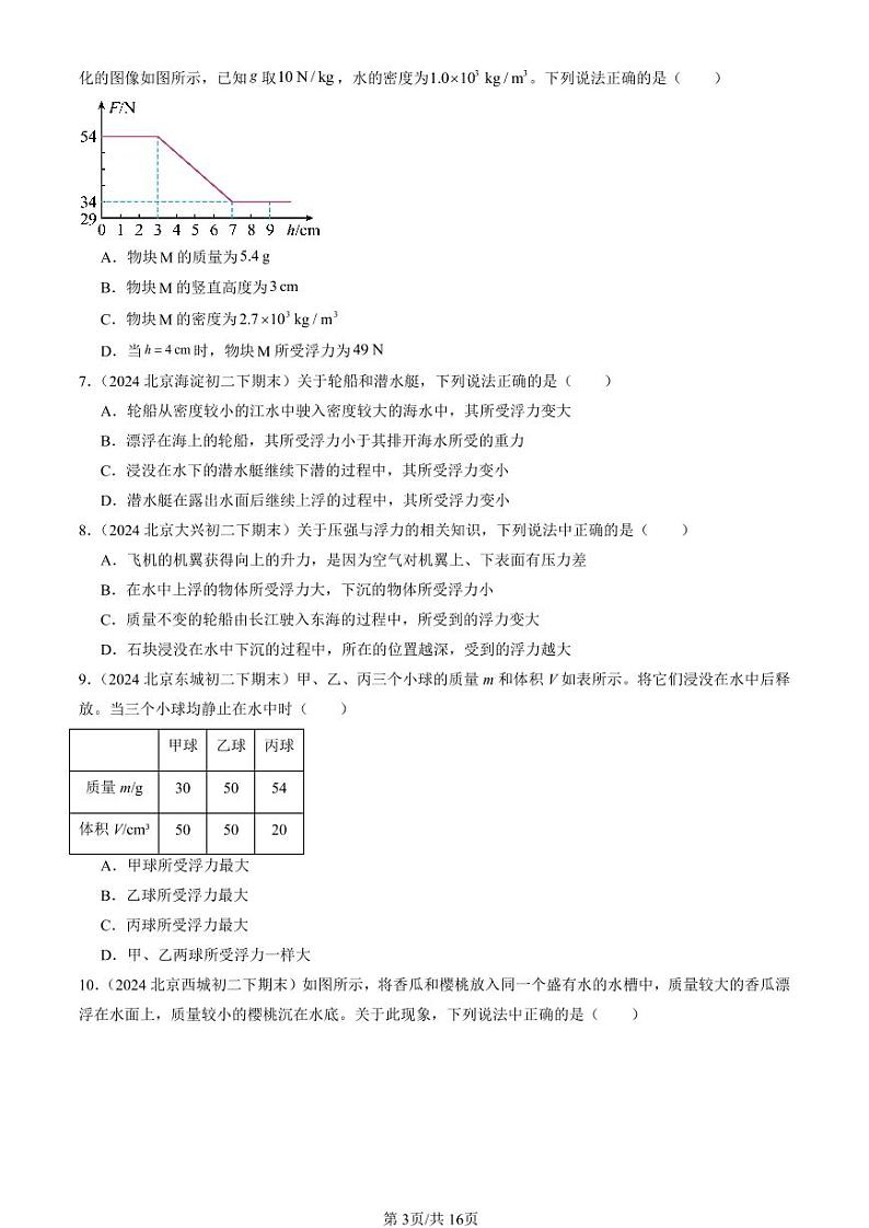 2024北京初二（下）期末真题物理汇编：浮力章节综合（选择题）第3页