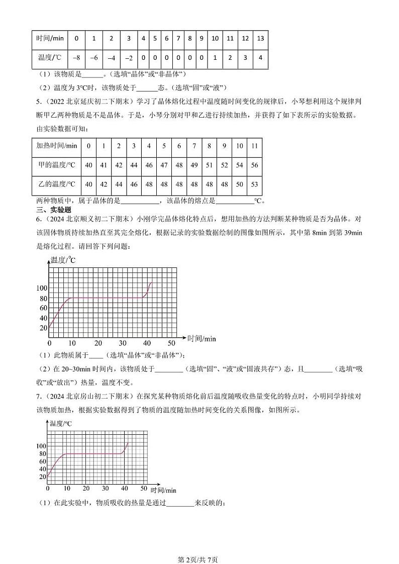 2022-2024北京初二（下）期末真题物理汇编：熔化和凝固（北师大版）第2页