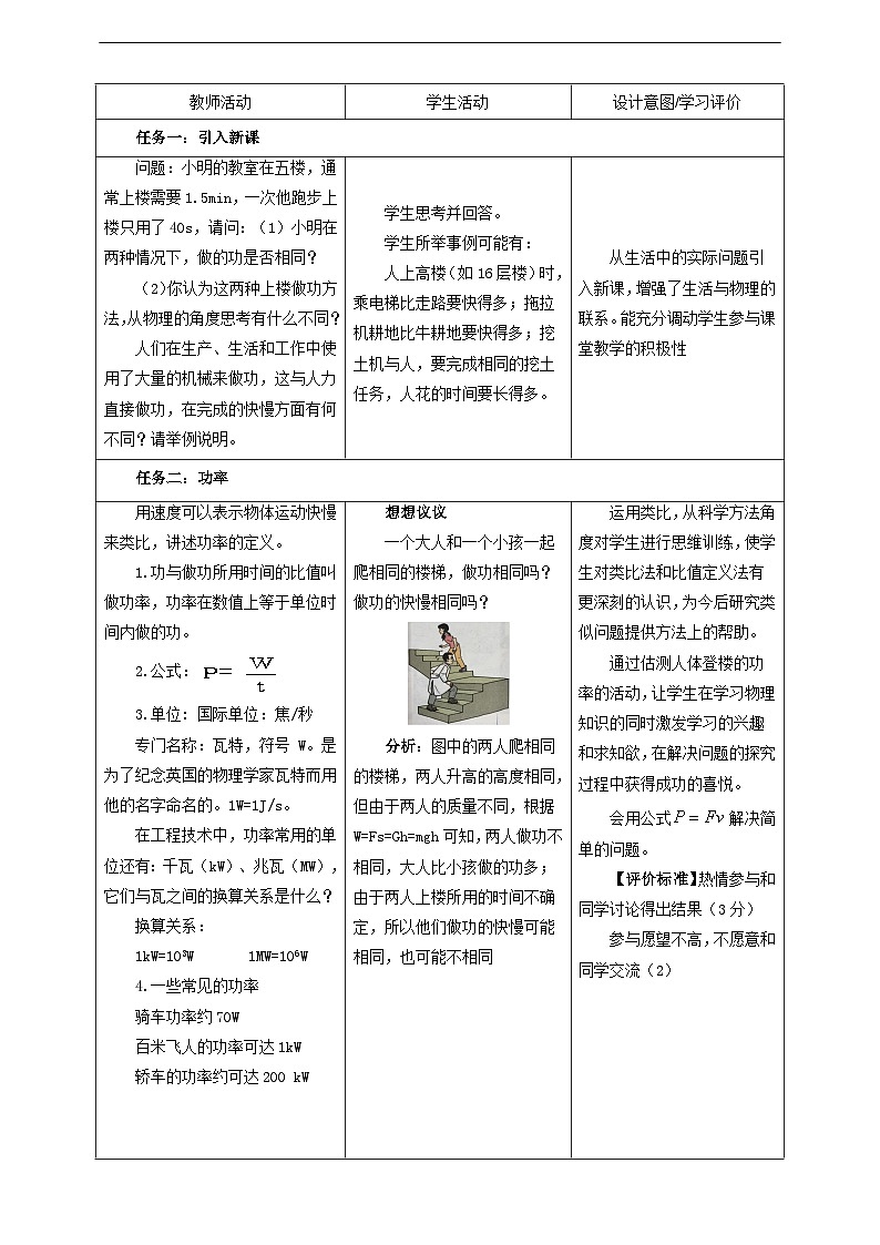 【大单元教学】11.2教学设计：功率教学设计 八下第十一章《功和机械能》大单元整体设计（人教版）第2页