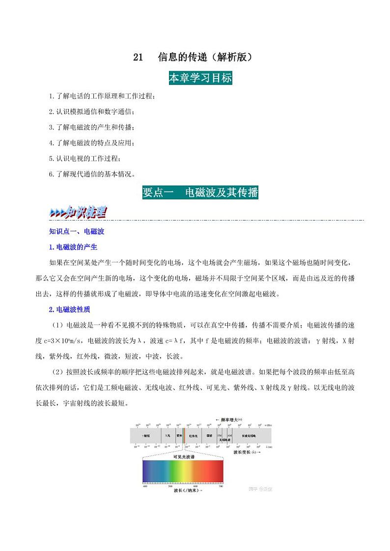 21 信息的传递-九年级物理全册举一反三系列（教师版）（人教版） 2024-2025学年九年级物理全一册举一反三系列（人教版）第1页