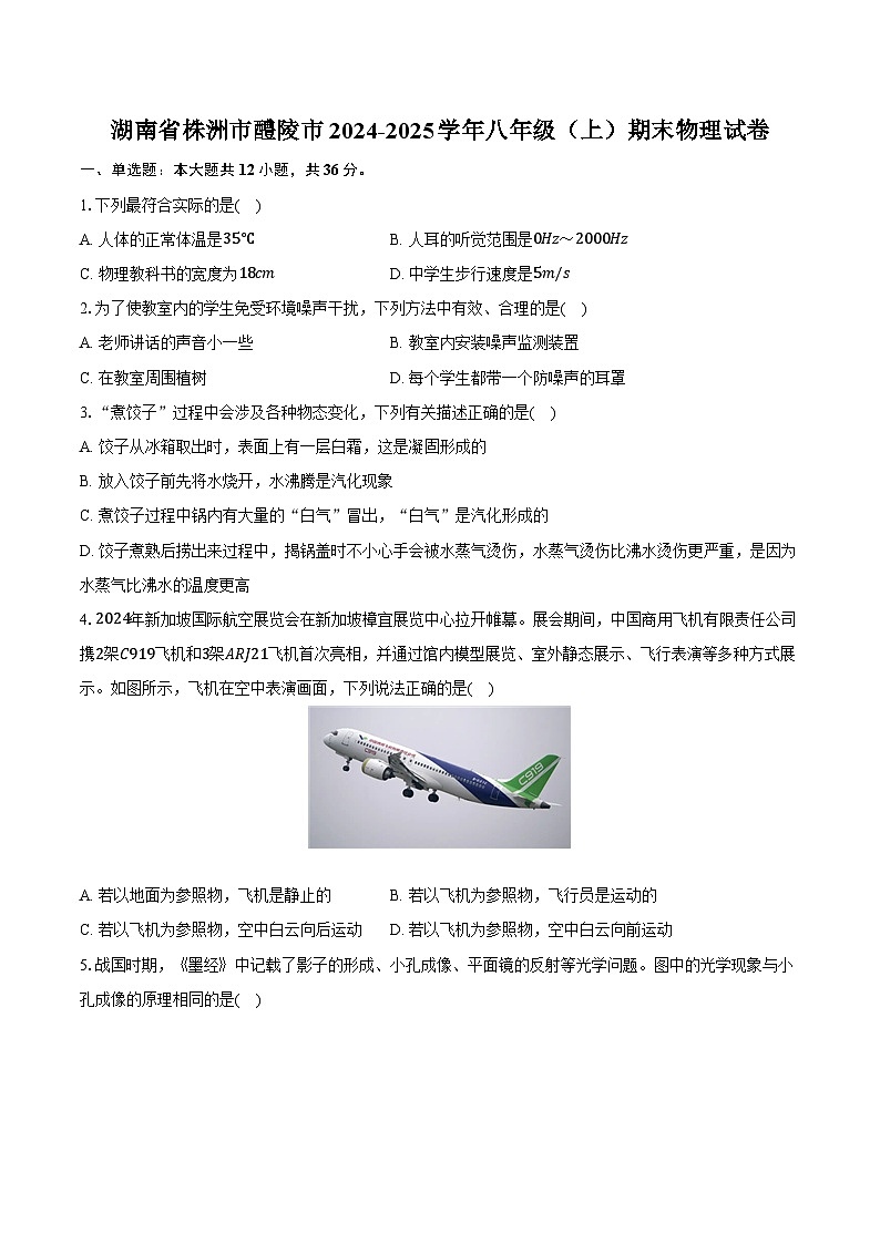湖南省株洲市醴陵市2024-2025学年八年级（上）期末物理试卷（含解析）第1页