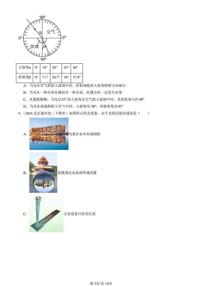2024北京初二（下）期末真题物理汇编：光现象章节综合（京改版）（选择题）第3页