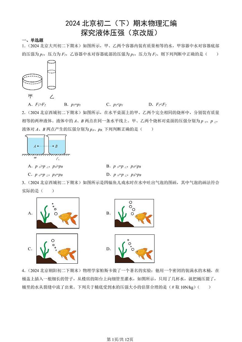 2024北京初二（下）期末真题物理汇编：探究液体压强（京改版）第1页