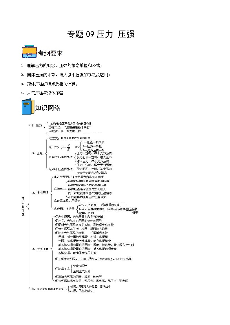 内蒙古2025初中物理人教一轮重难点复习专题九   压力 压强练习第1页