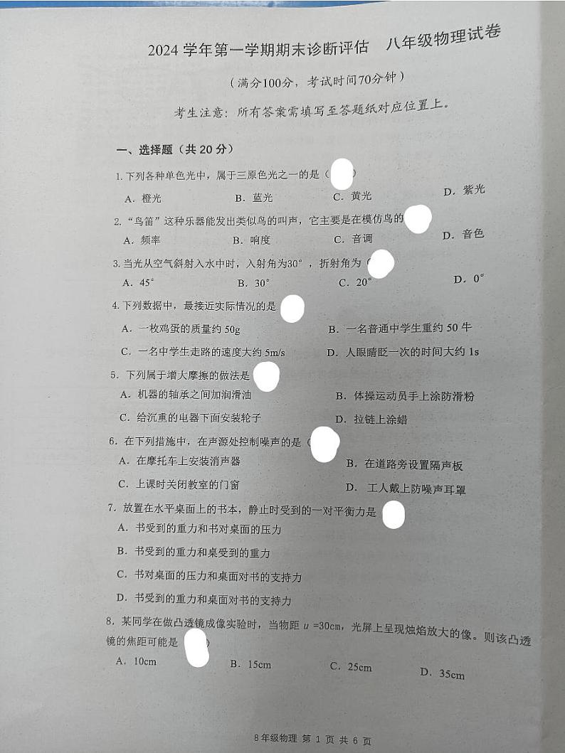 上海市金山区2024-2025学年八年级上学期期末物理考试卷第1页