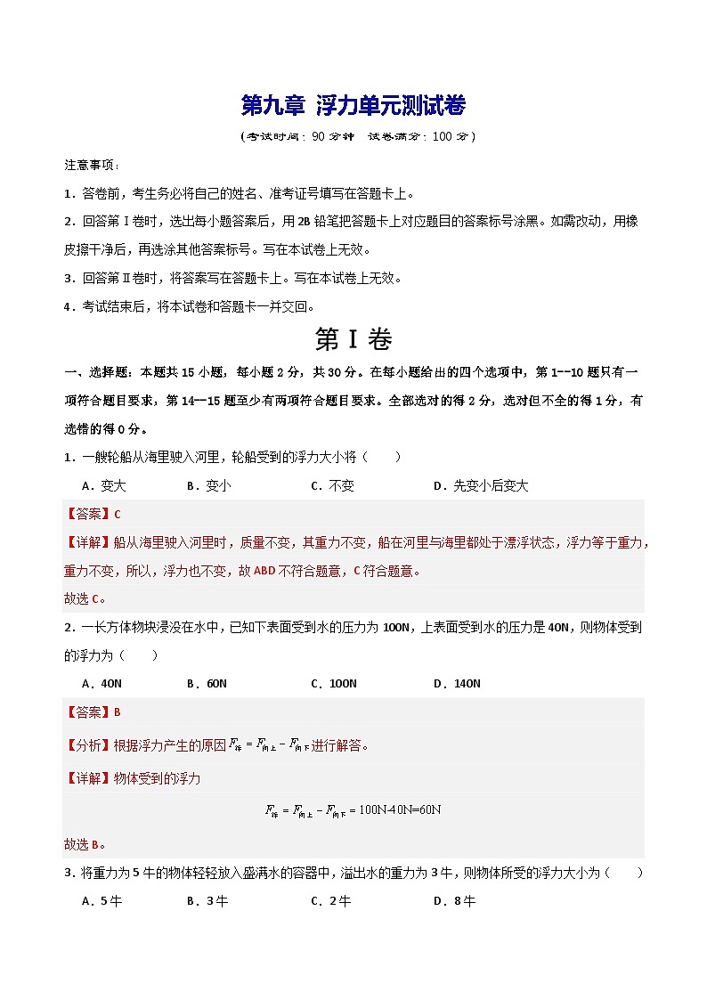 第九章 浮力（单元测试题）（含答案解析）第1页