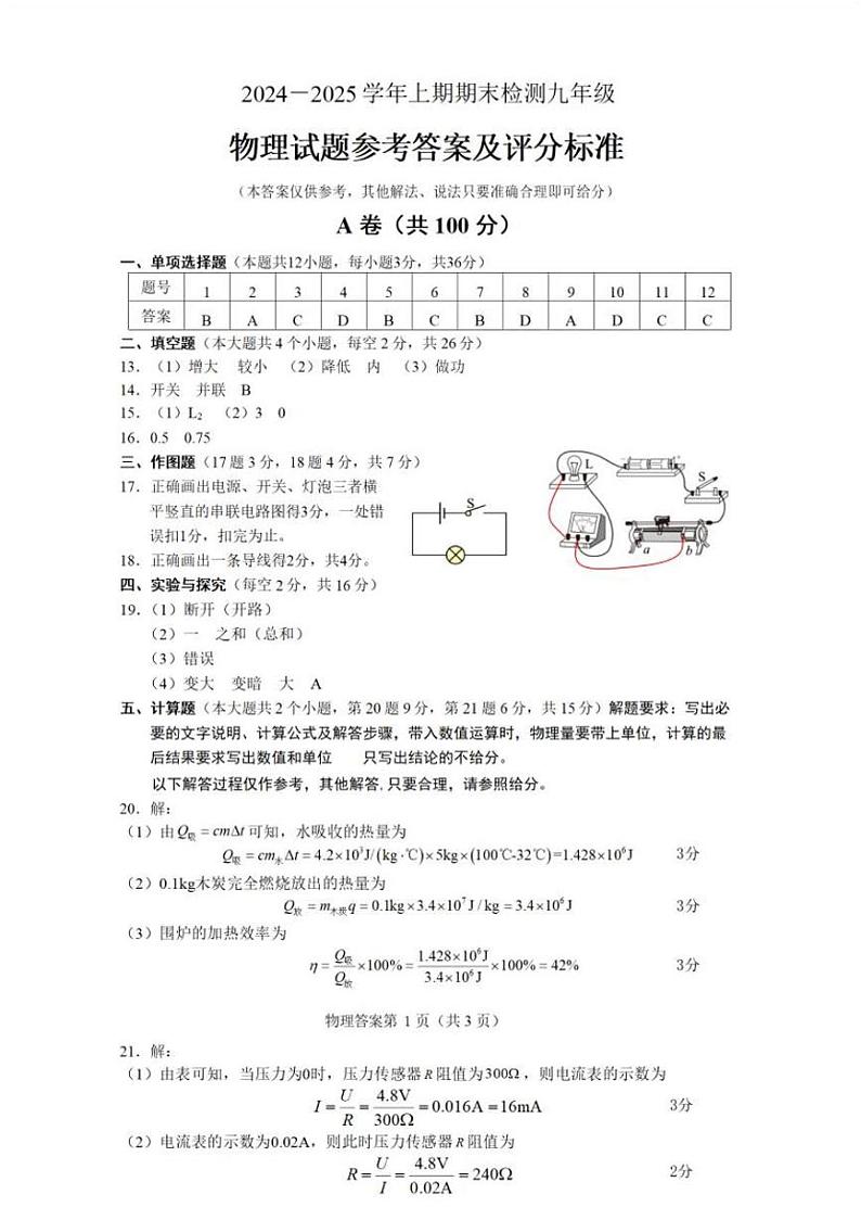 雅安市2024-2025学年上期期末九年级期末检测物理答案第1页