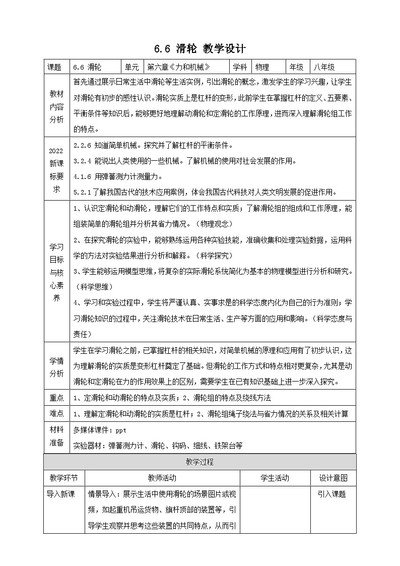 八下物理6.6 滑轮  教学设计第1页