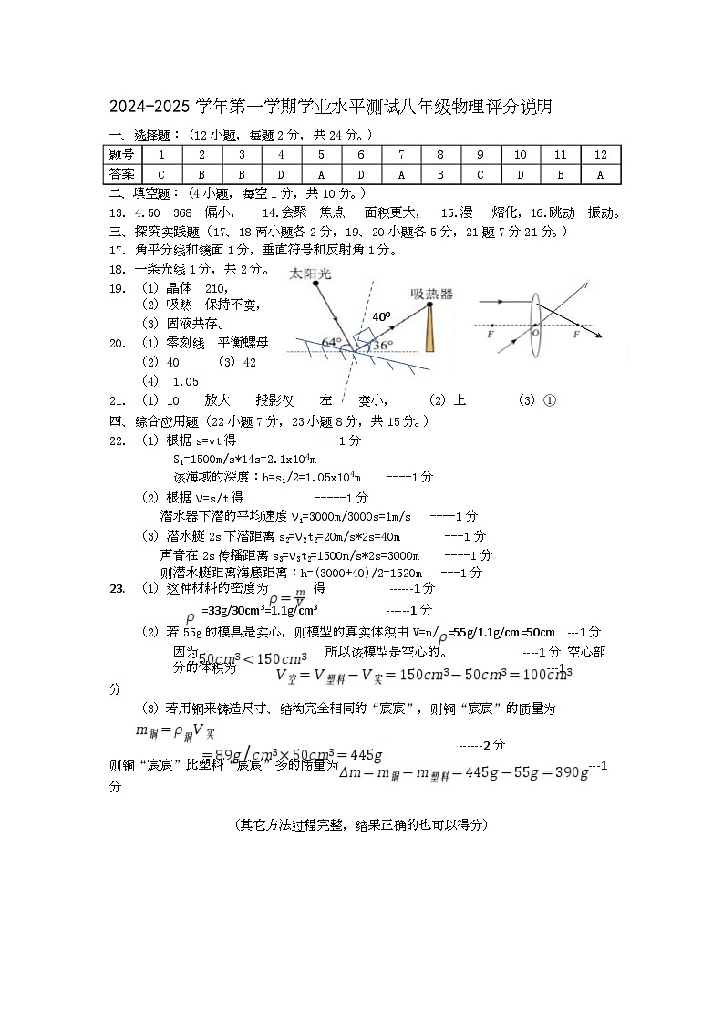 2024-2025学年第一学期学业水平测试八年级物理评分说明第1页