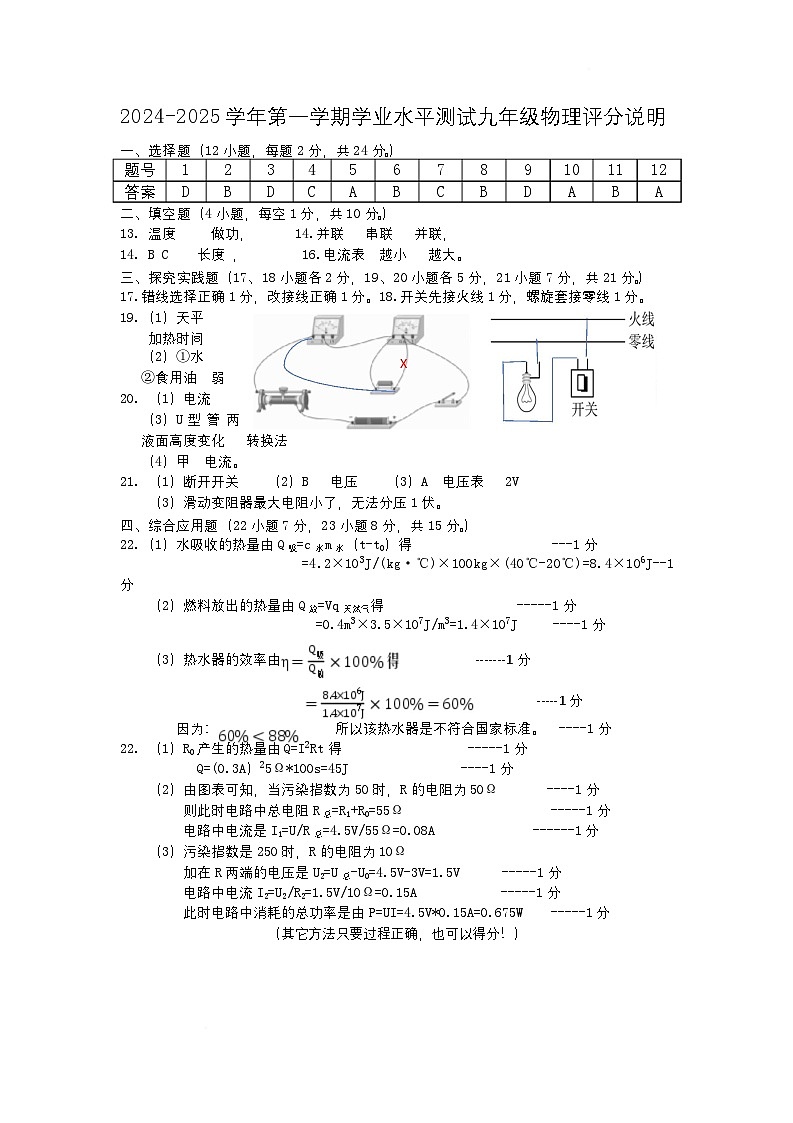 2024-2025学年第一学期学业水平测试九年级物理评分说明第1页