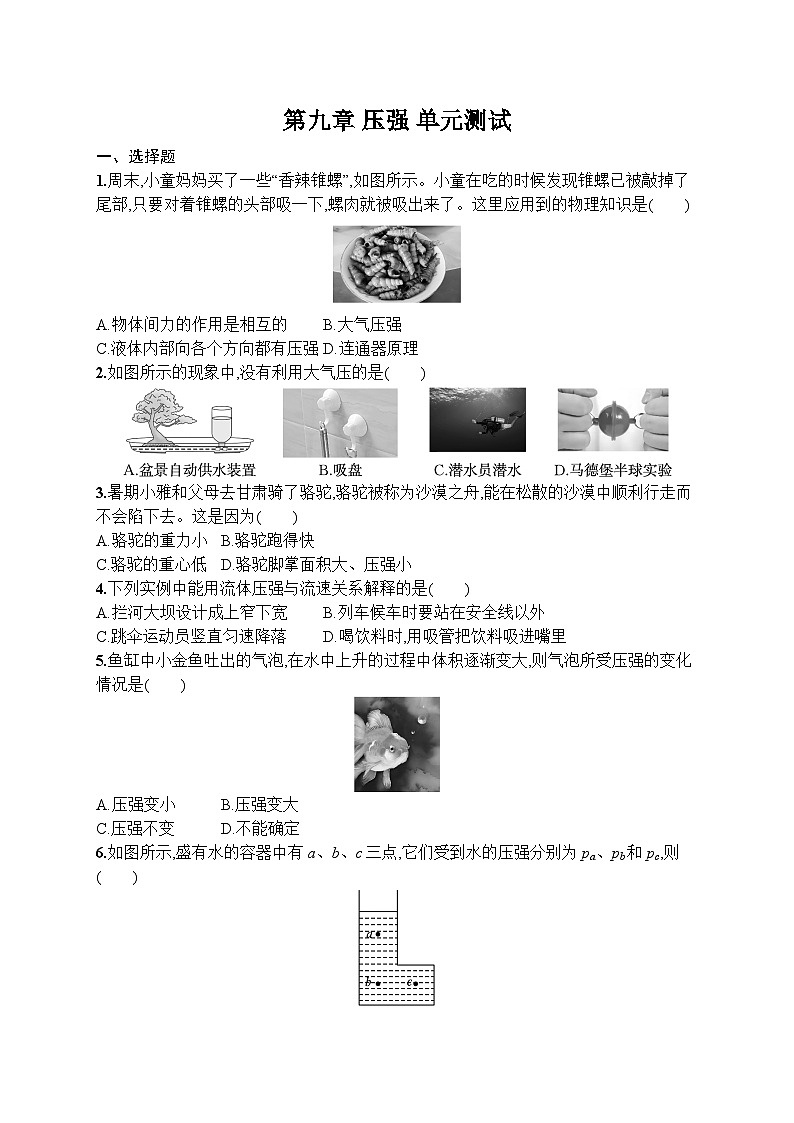 第9章 压强 单元测试 （试卷）-2024-2025学年人教版（2024）物理八年级下册第1页