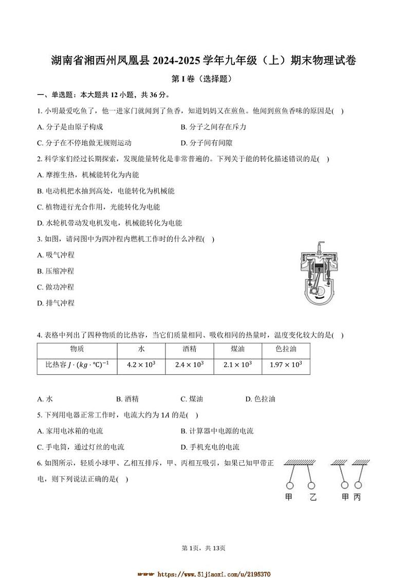 2024～2025学年湖南省湘西州凤凰县九年级(上)期末物理试卷(含解析)第1页