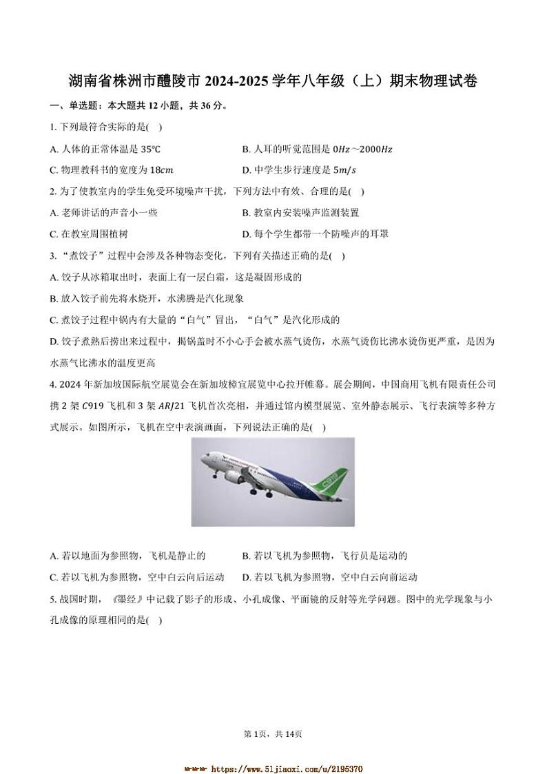 2024～2025学年湖南省株洲市醴陵市八年级(上)期末物理试卷(含解析)第1页