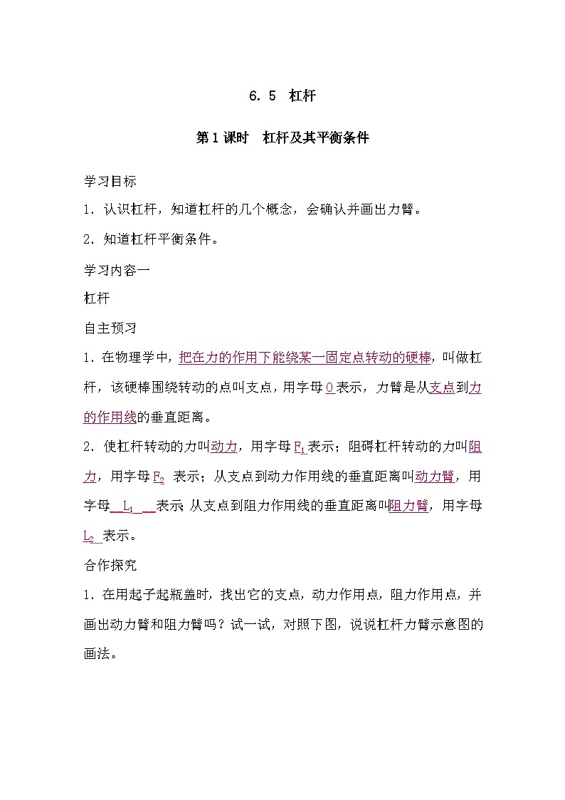 6.5 杠杆  第1课时　杠杆及其平衡条件（导学案）-2024-2025学年沪粤版（2024）物理八年级下册第1页