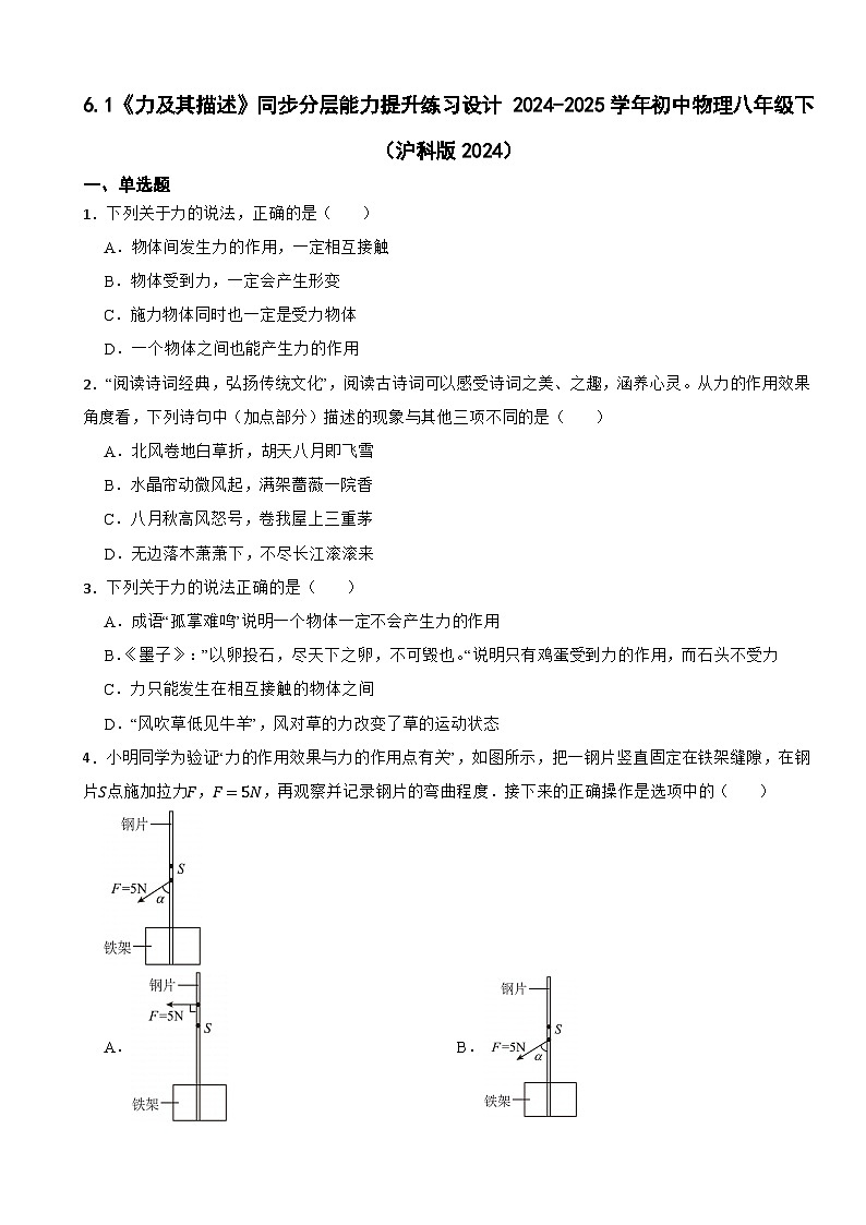 6.1《力及其描述》同步分层能力提升练习设计 2024-2025学年初中物理八年级下（沪科版2024）第1页