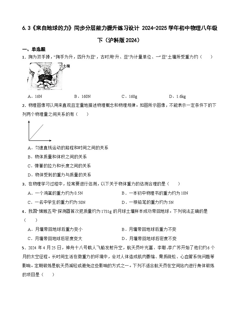 6.3《来自地球的力》同步分层能力提升练习设计 2024-2025学年初中物理八年级下（沪科版2024）第1页