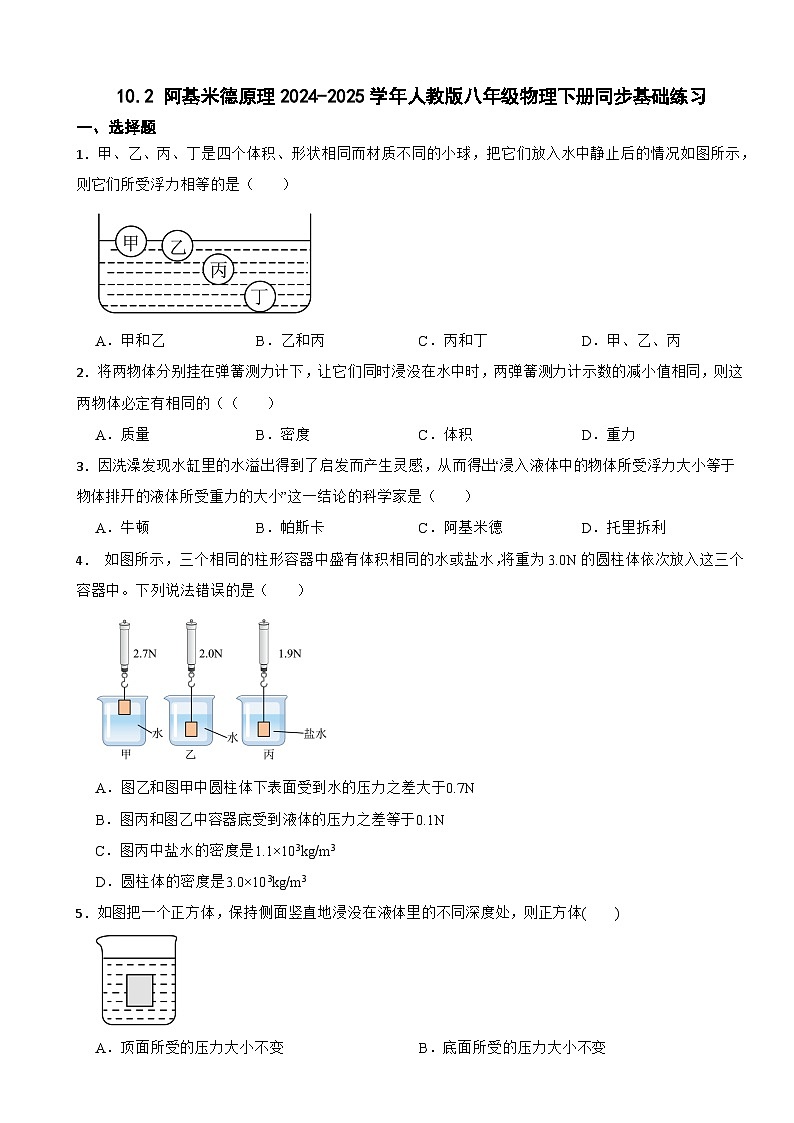 10.2 阿基米德原理2024-2025学年人教版八年级物理下册同步基础练习第1页