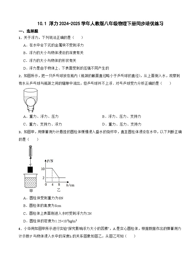 10.1 浮力2024-2025学年人教版八年级物理下册同步培优练习第1页