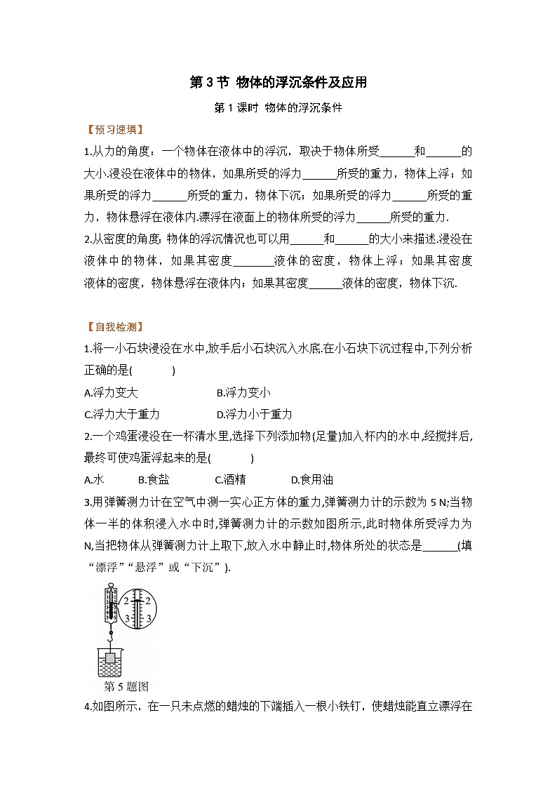 第3节  物体的浮沉条件及应用  课时1 练习第1页