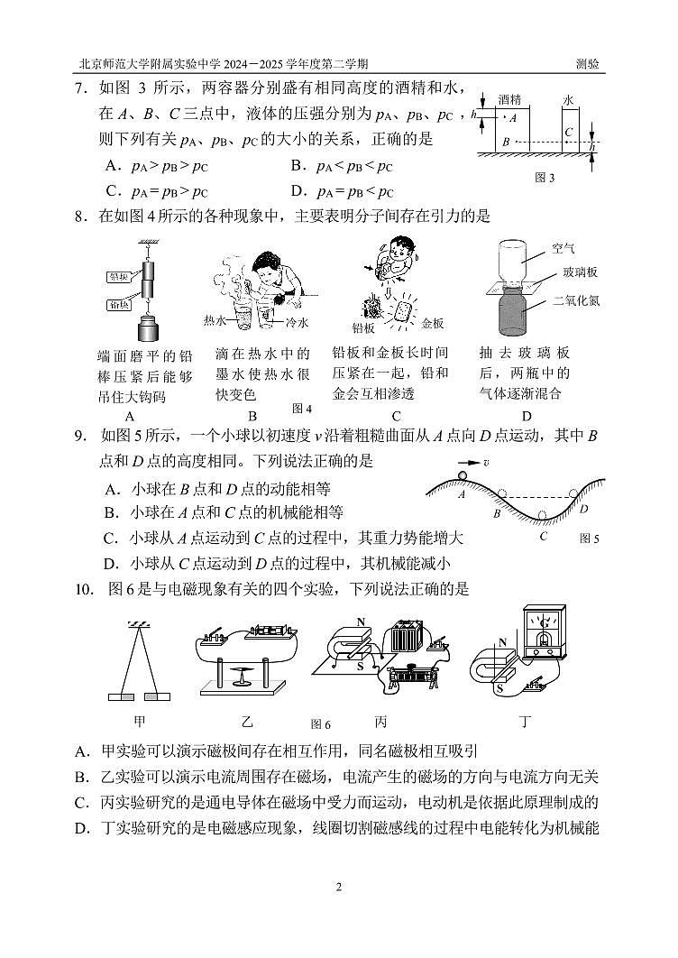 2025北京北师大实验中学初三（下）开学考物理试卷（有答案）第2页
