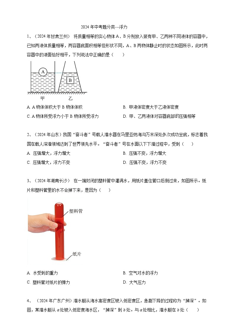 2024年中考物理分类汇编---浮力 第1页
