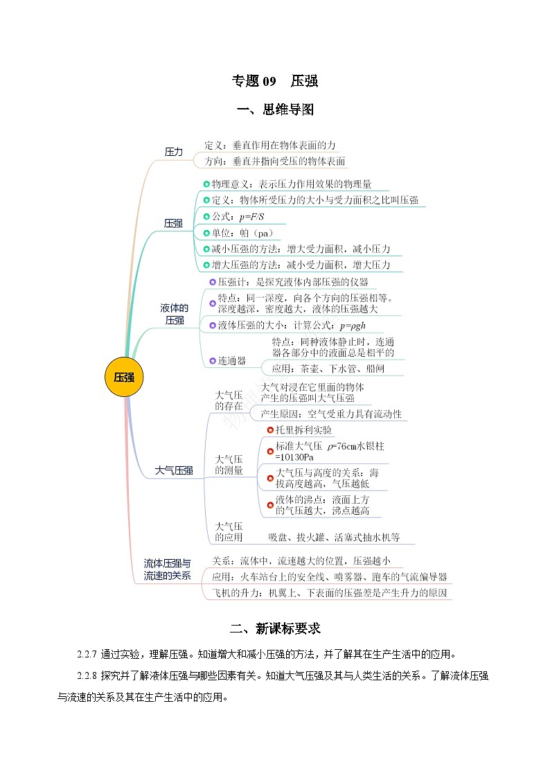 中考物理一轮复习考点训练专题09 压强（知识梳理+典例+练习）（学生版）第1页