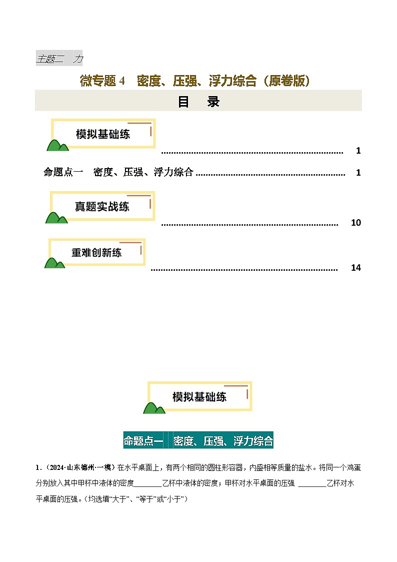 力学微专题4  密度、压强、浮力综合（练习）（原卷版）第1页
