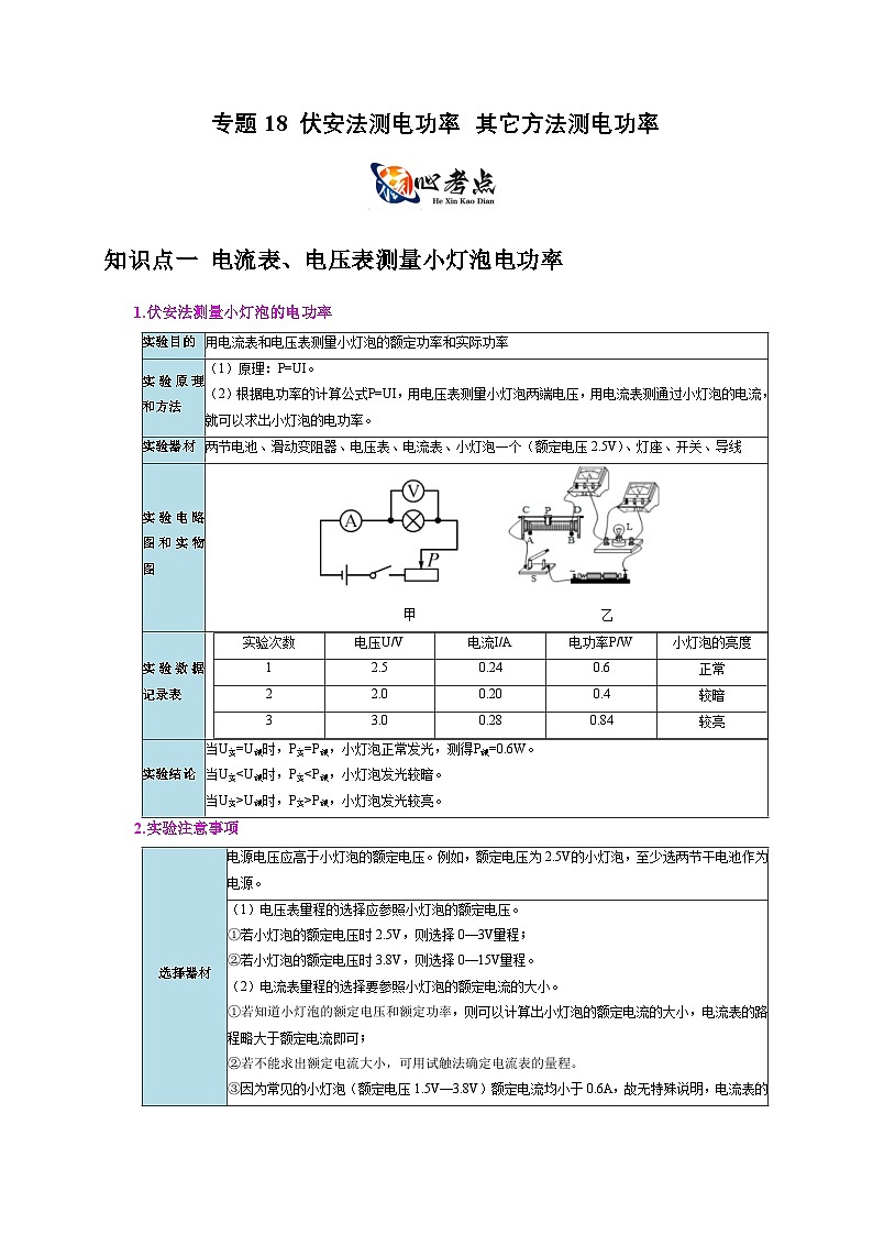 中考物理二轮复习核心考点讲练专题18 伏安法测电功率 其它方法测电功率（解析版）第1页