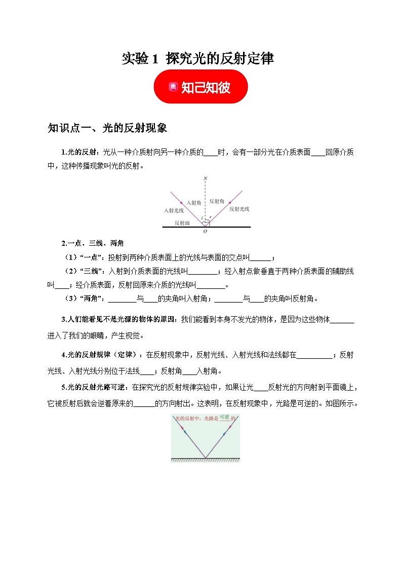中考物理二轮复习题型专项练习实验1 探究光的反射定律 （原卷版）第1页