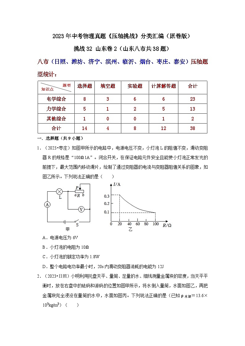 中考物理二轮复习压轴培优训练挑战32 山东卷2（山东八市共38题）（原卷版）第1页