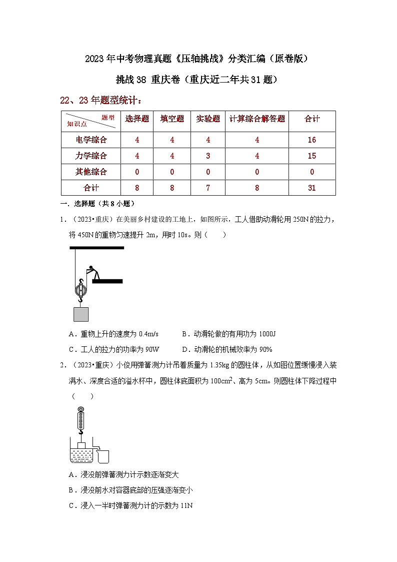 中考物理二轮复习压轴培优训练挑战38 重庆卷（重庆近二年共31题）（原卷版）第1页