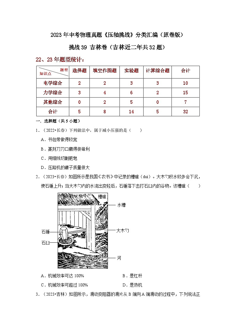 中考物理二轮复习压轴培优训练挑战39 吉林卷（吉林近二年共32题）（原卷版）第1页