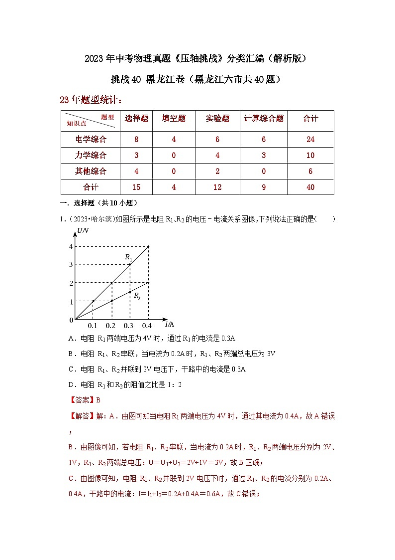 中考物理二轮复习压轴培优训练挑战40 黑龙江卷（黑龙江六市共40题）（解析版）第1页