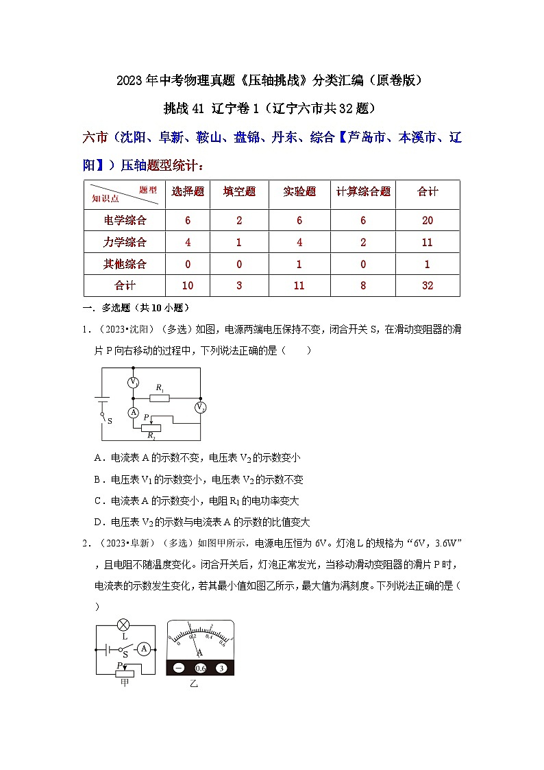 中考物理二轮复习压轴培优训练挑战41 辽宁卷1（辽宁六市共32题）（原卷版）第1页