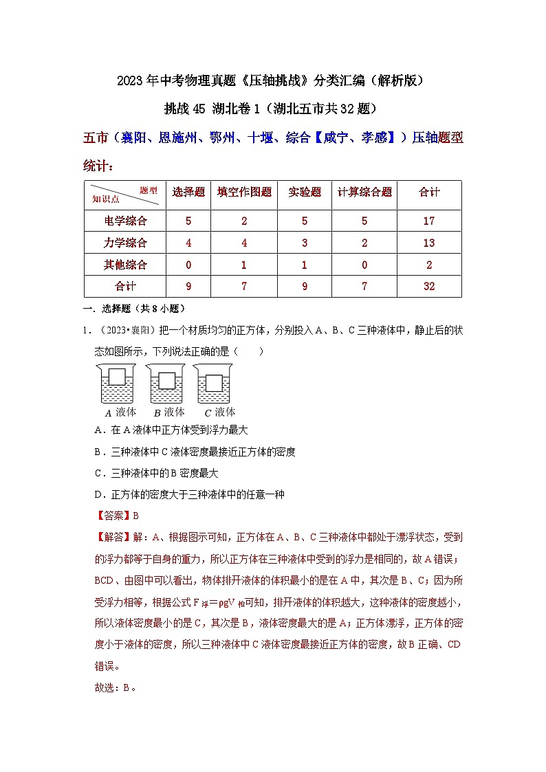 中考物理二轮复习压轴培优训练挑战45 湖北卷1（湖北五市共32题）（解析版）第1页