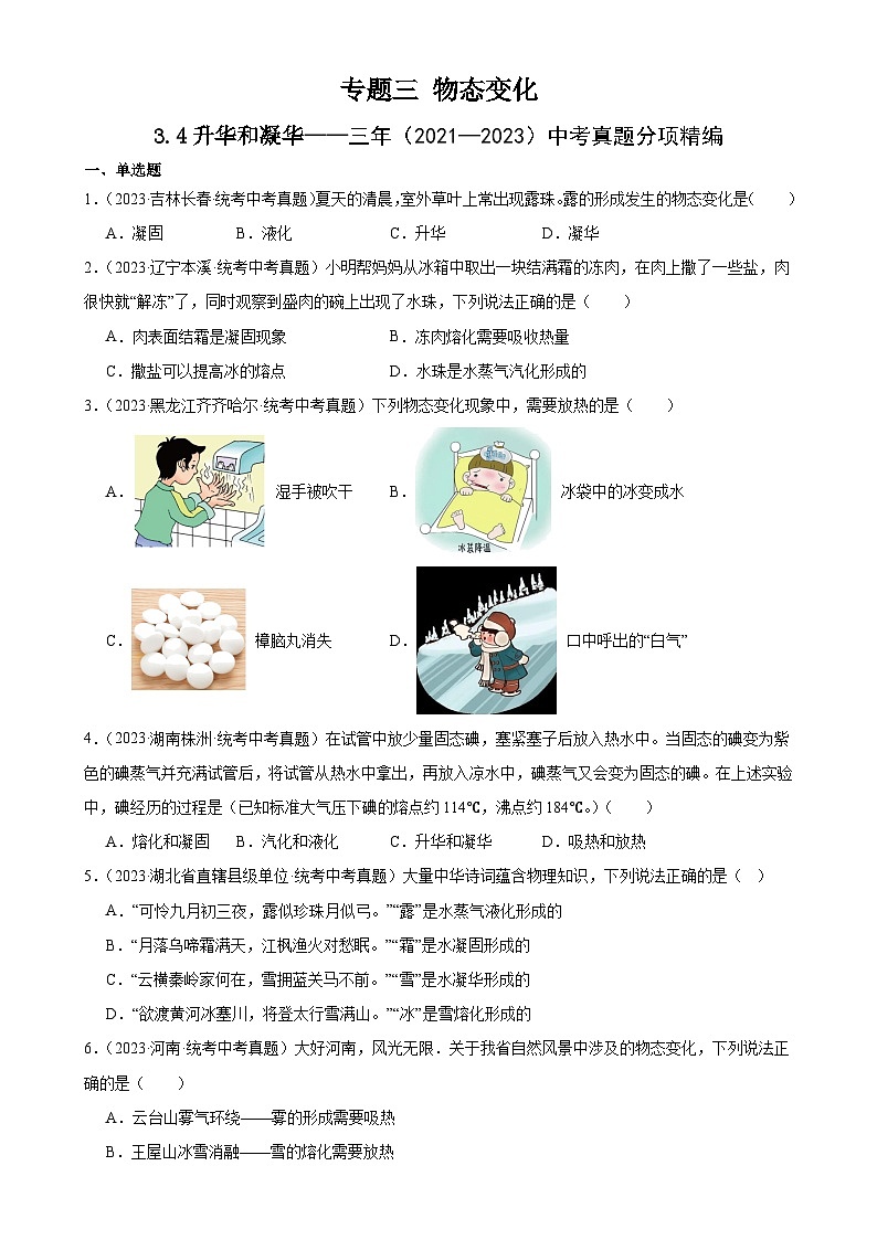 中考物理一轮复习考点分项练习专题3 物态变化 3.4升华和凝华（学生版）第1页