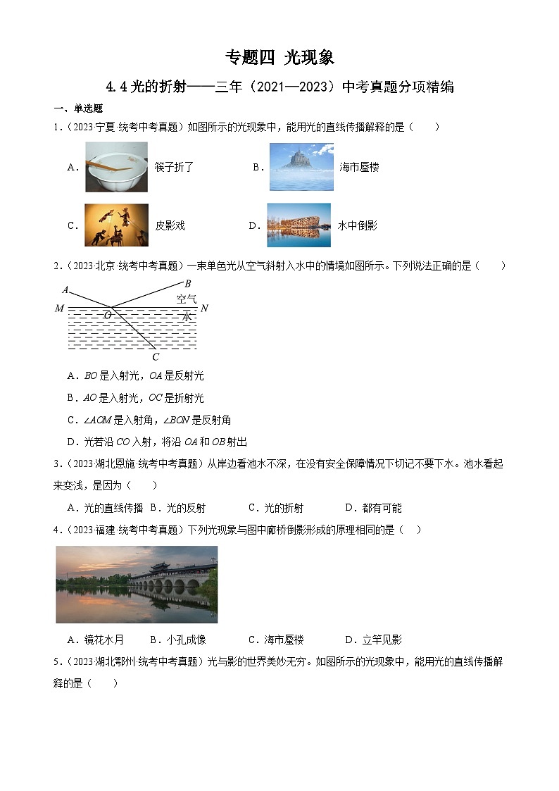 中考物理一轮复习考点分项练习专题4 光现象 4.4光的折射（学生版）第1页