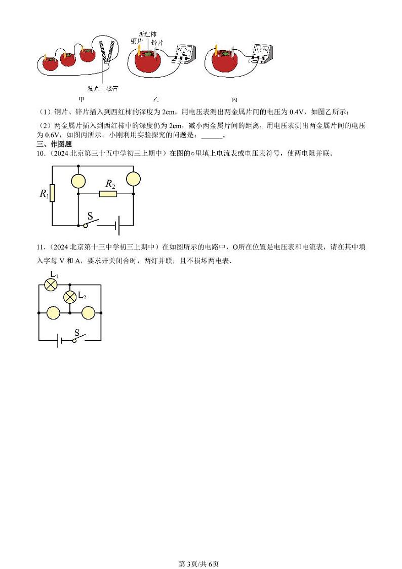 2024北京重点校初三（上）期中真题物理汇编：电压（非选择题）第3页