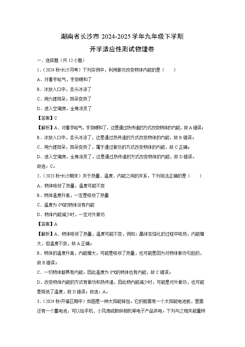 湖南省长沙市2024-2025学年九年级(下)开学适应性测试练习卷 物理试卷（解析版）第1页