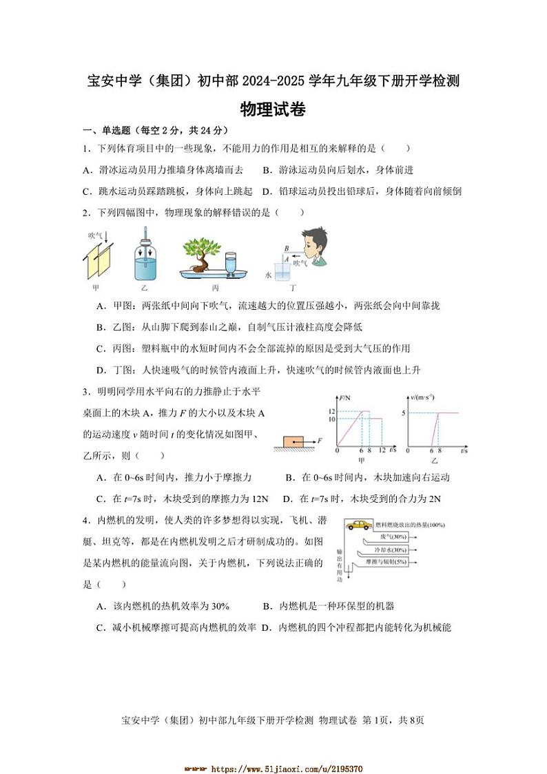 2024～2025学年深圳市宝安中学(集团)初中部九年级下册开学检测物理试卷(含答案)第1页