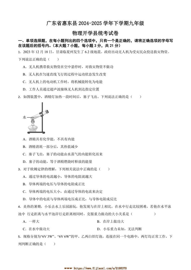 2024～2025学年广东省惠东县九年级下物理开学县统考试卷(含答案)第1页