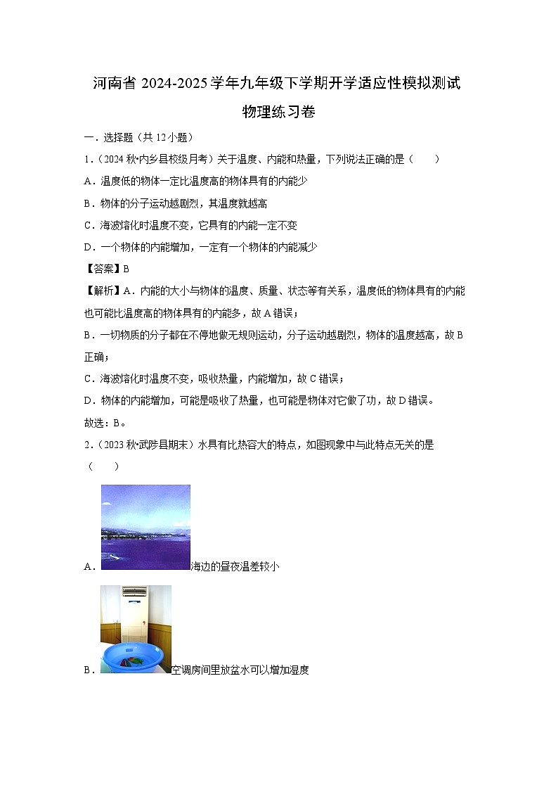 河南省2024-2025学年九年级下学期开学适应性模拟测试练习卷物理试卷（解析版）第1页
