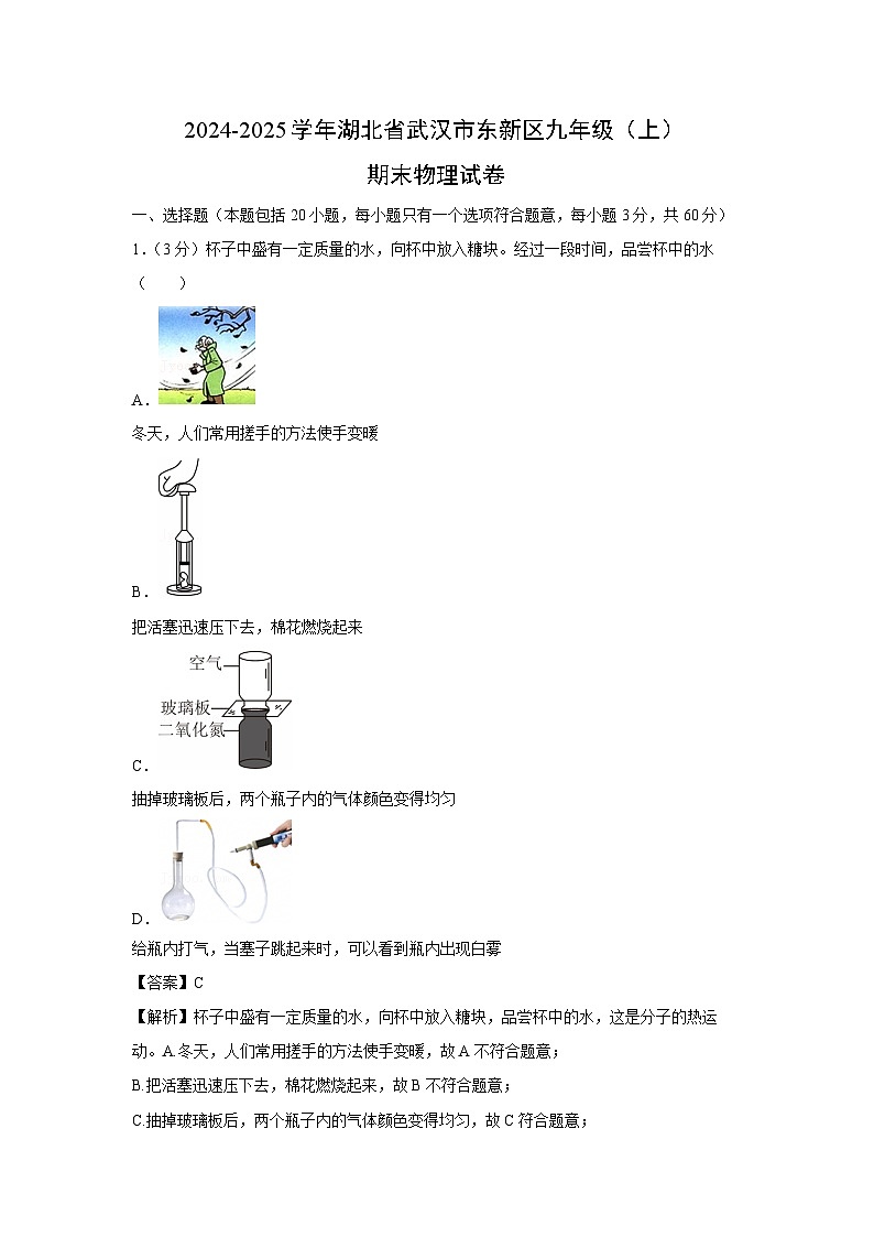 湖北省武汉市东新区2024-2025学年九年级上学期期末考试物理试卷（解析版）第1页