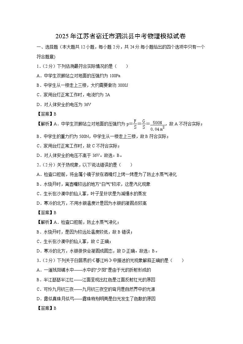 2025年江苏省宿迁市泗洪县中考模拟物理试卷（解析版）第1页