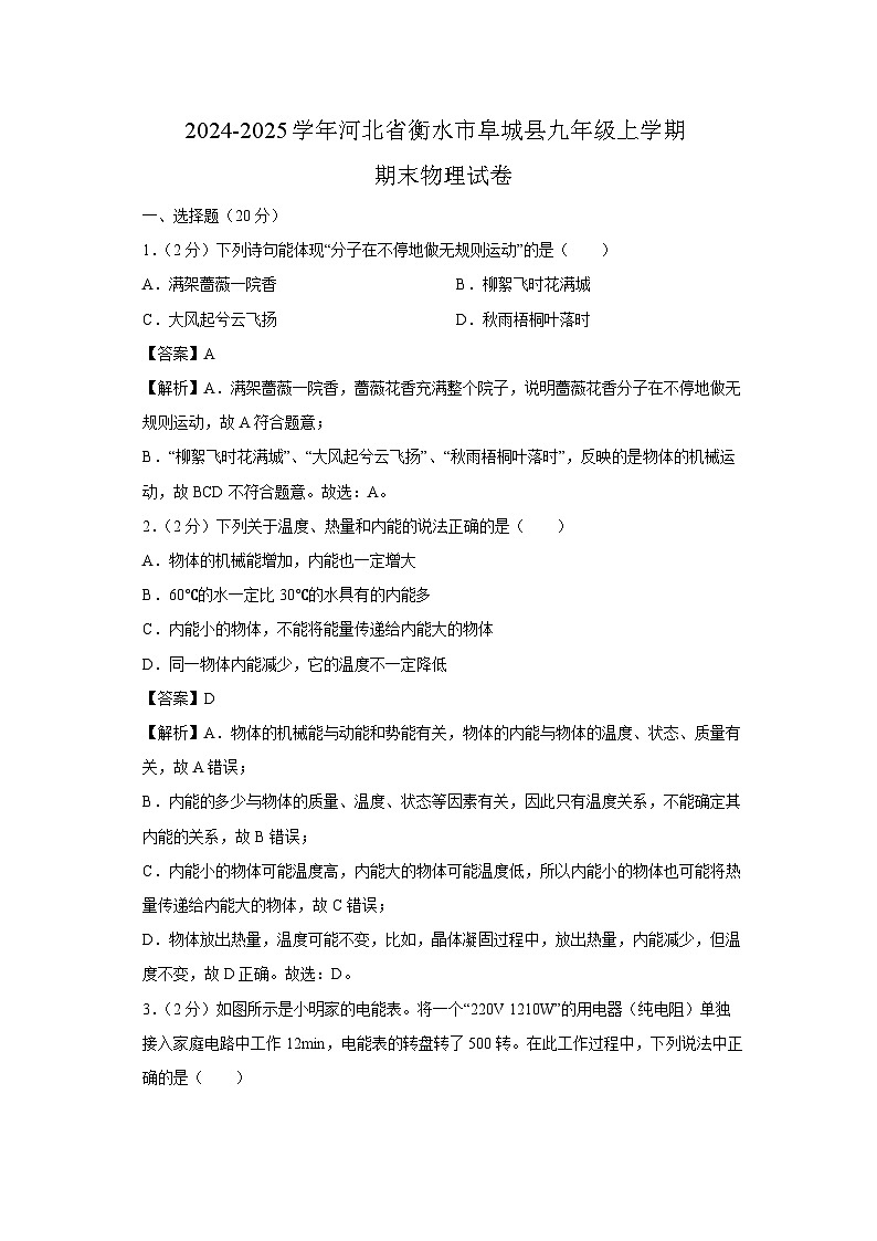 河北省衡水市阜城县2024-2025学年九年级(上)期末物理试卷（解析版）第1页