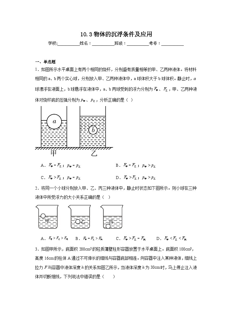 10.3物体的沉浮条件及应用课堂通行证 人教版（2024）物理八年级下册同步练习第1页