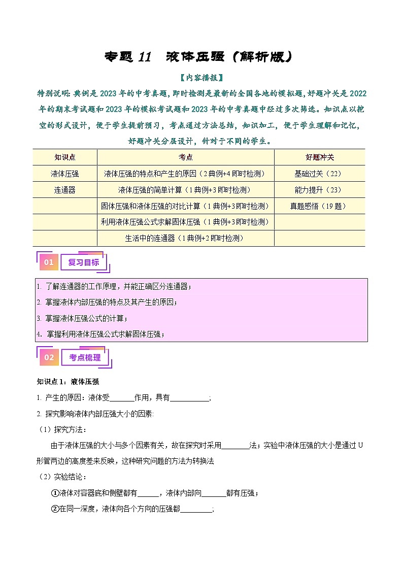 中考物理总复习专题11  液体压强（原卷版）第1页